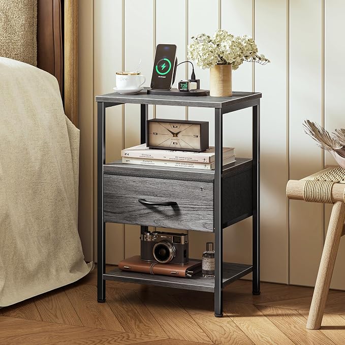 SUPERJARE Nightstand with Charging Station, USB-C Port, Bedside Table | Night Stand for Bedroom, with Adjustable Fabric Drawer, 3-Tier Storage End Table, for Living Room, Grey