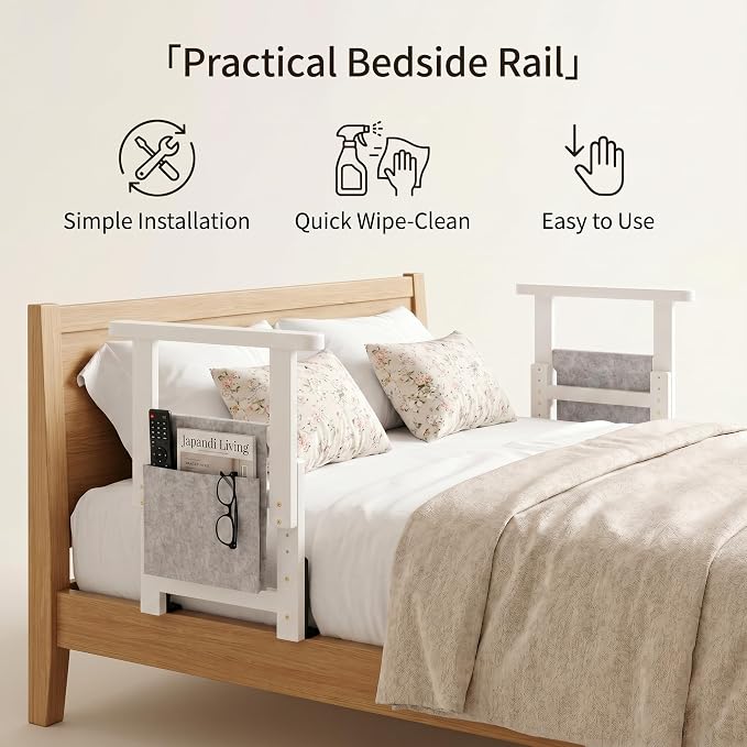 Bamboo Bed Assist Rail for Seniors Adjustable Grab Bar 300lbs White | Non-Slip Handle, Storage Pocket, Fits 4–12 inch Mattresses, Fits Twin, Full, Queen & King Beds