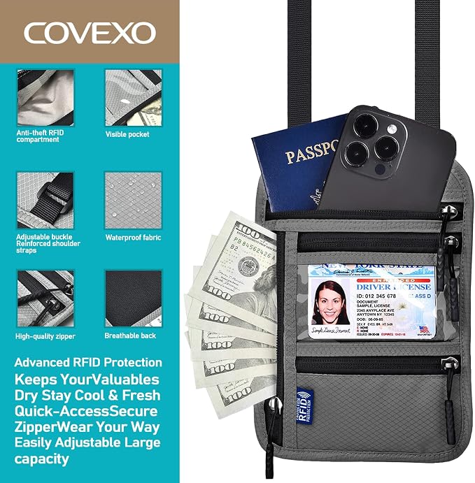 Neck Wallet for Travel, RFID Blocking Passport Holder - Slim Travel Pouch with Adjustable Strap | Holds Phone, Cards, Cash, Documents | Water-Resistant & Secure for Men & Women