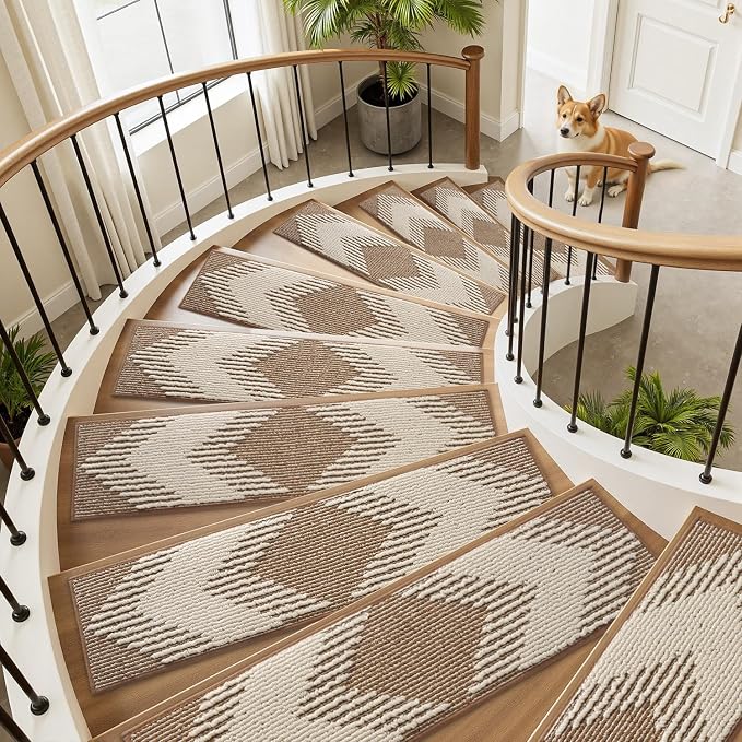 PADOOR 7PC Stair-Treads Non Slip, 3D Peel and Stick Stair Treads for Wooden Steps Indoor, Stair-Carpet Treads Washable Reusable Adhesive Stair-Runner Rugs for Kids and Dogs 8"x30" Brown
