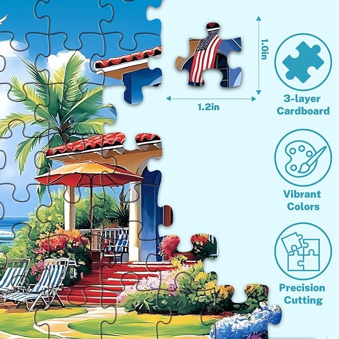 500 Piece Puzzle for Adults – Coastal Beach House Jigsaw Puzzles 500 Pieces, Ocean View Vacation Scene with Palm Trees & Dog, Relaxing Adult Puzzle, 20.5 x 15 in
