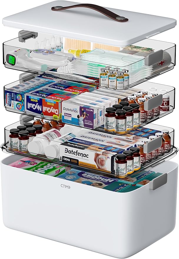 CTIME 4-Tier XL Medicine Organizer - Portable Medicine Cabinet with Leather Handle, Empty First Aid Kit for Home Organization Must, School, Dormitory, Travel, RV, Dorm, Ideal Elderly Gift