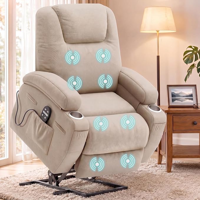 Flamaker Power Lift Chair Massage Recliner Chairs for Elderly | Ergonomic Lift Recliner Design with Cup Holders & Side Pockets, Remote Control (Beige)