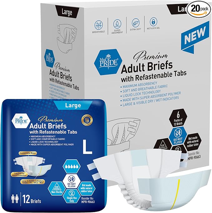 MED PRIDE Maximum Absorbency Adult Briefs for Incontinence with Refastenable Tabs - Ultra-Absorbent Adult Diapers for Men & Women- Bladder Control Unisex Disposable Underwear (Large - Case of 72)