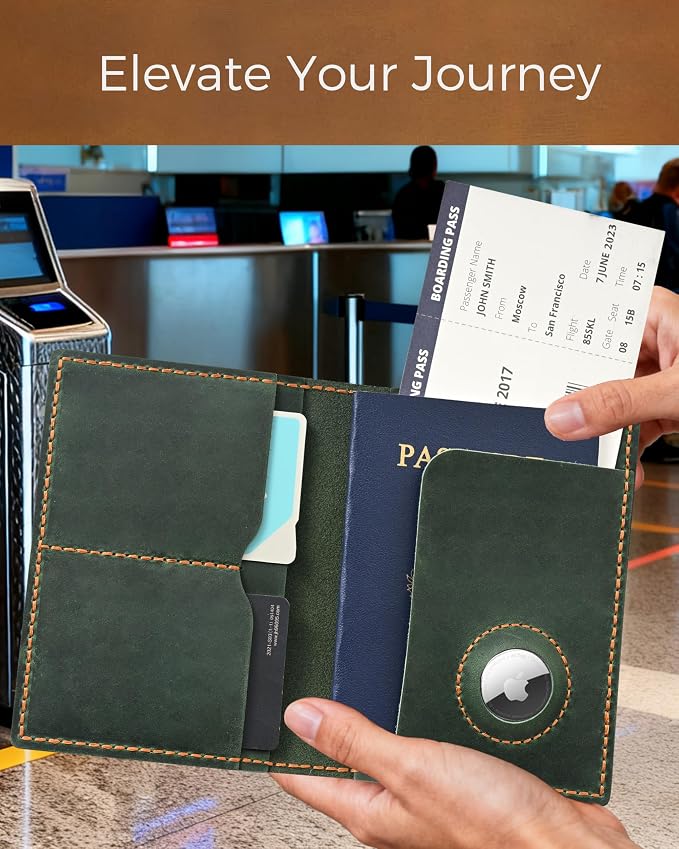 Passport Holder for Travel, Genuine Leather Passport Wallet Cover Case with Airtag Slot, RFID Blocking, for Women Men, Travel Essentials Gift, Green