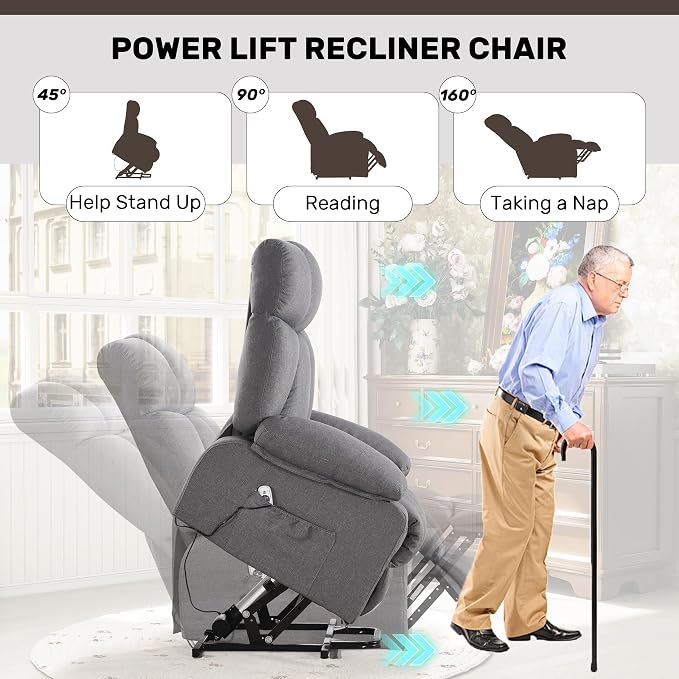 Power Lift Recliner Chair for Elderly, Big and Tall Lift Chair with Massage and Heat for Living Room, Fabric Electric Recliner Chairs with Side Pocket, USB Charge Port Grey
