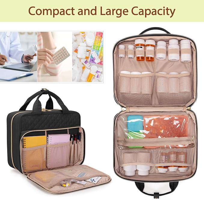 Damero Pill Bottle Organizer, Travel Medicine Bag Organizer, Black | Medicine Organizer and Storage for Pills, Vitamin, Fish Oil, Medical Supplements for Women and Men