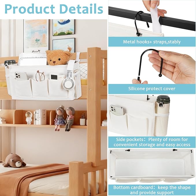 Bedside Caddy, Bedside Storage Bag Hanging Organizer for Bunk Dorm Bed Rail | Bed Caddy with Hooks, Top Bunks and Dorm Essentials for Water, Tissues, Tablets, Books, Phones, Remotes and Other Necessories