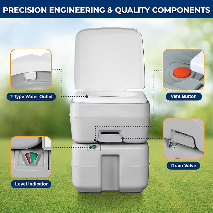 SereneLife Portable Toilet 5.3 Gal Camping Travel Outdoor Flush Toilet Seat | 5.3 Gal waste tank, 50+ flushes, leak-proof odor control, 3-way rinse system, no-splash disposal, durable portable design