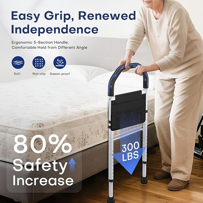 Bed Rails for Elderly Adults Safety - ASTM Approved Bed Side Rail for Seniors with Support Leg,Two-side Storage Bag, Non-Slip Bed Assist Cane Guard,Adjustable Bedrails for King,Queen,Full,Twins