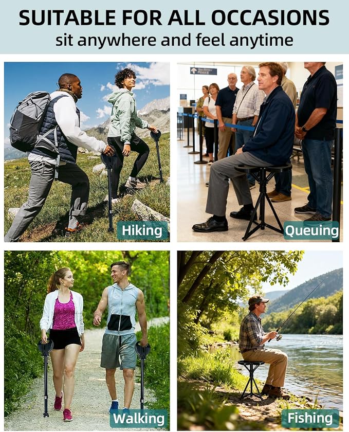Portable Walking Cane with Seat, Adjustable 34"-37" Foldable Lightweight Aluminum Anti-Slip Walking Stick for Men & Women, 550 Lbs Cane with Chair for Travel Hiking with Carry Bag