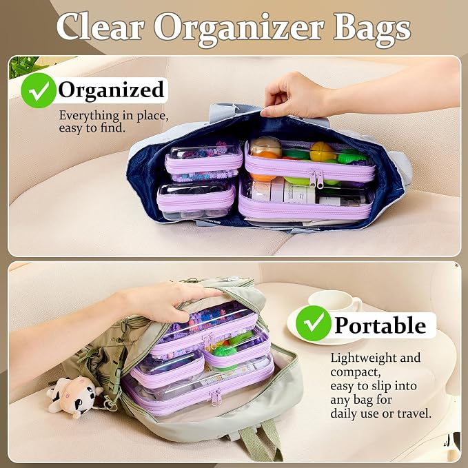 4 pcs Clear Zipper Pouches,Hard Shell Zipper Case, Toiletry Bag for Travel | CLear Diaper Bag, Toiletry Pouch, Travel Organizer, Cosmetic Bag,Toy Storage Bins (M+3S) (Lavender)