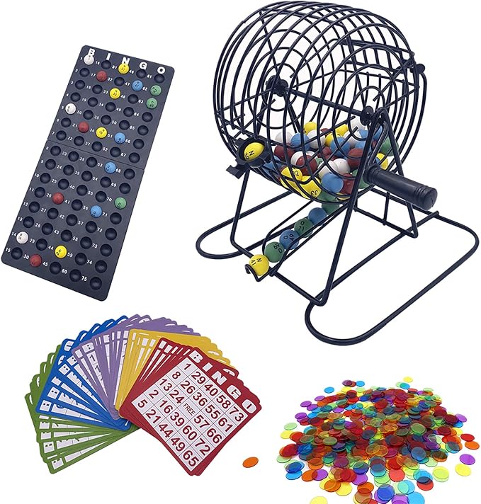 JUNWRROW Deluxe Bingo Game Set-6 Inch Metal Cage, Master Board,75 Colored Balls, 50 Bingo Cards,500 6 Color Mix Chips and 2 Bags,Ideal for Large Groups