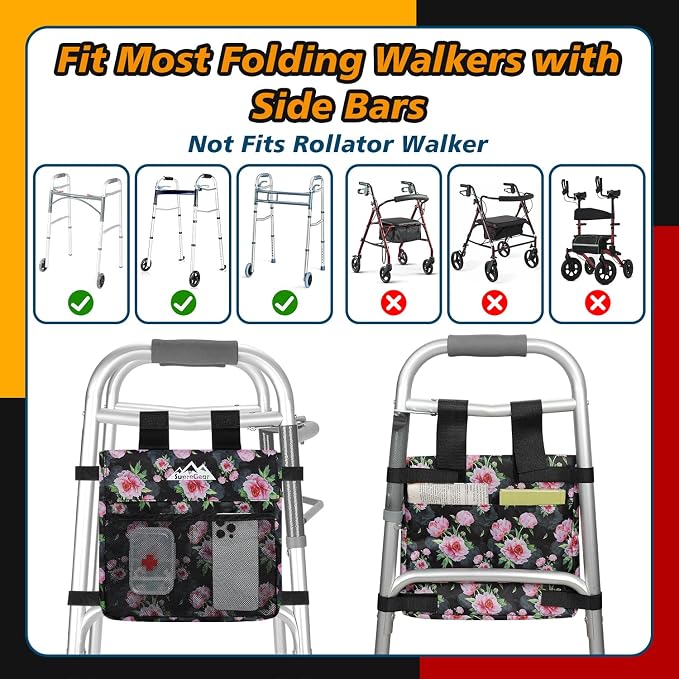supregear Walker Side Bag, Multi Pocket Storage Pouch for Folding Walker, Water Resistant Lightweight Hand Free Carrier Tote, Universal Size Seniors Caddy Attachment