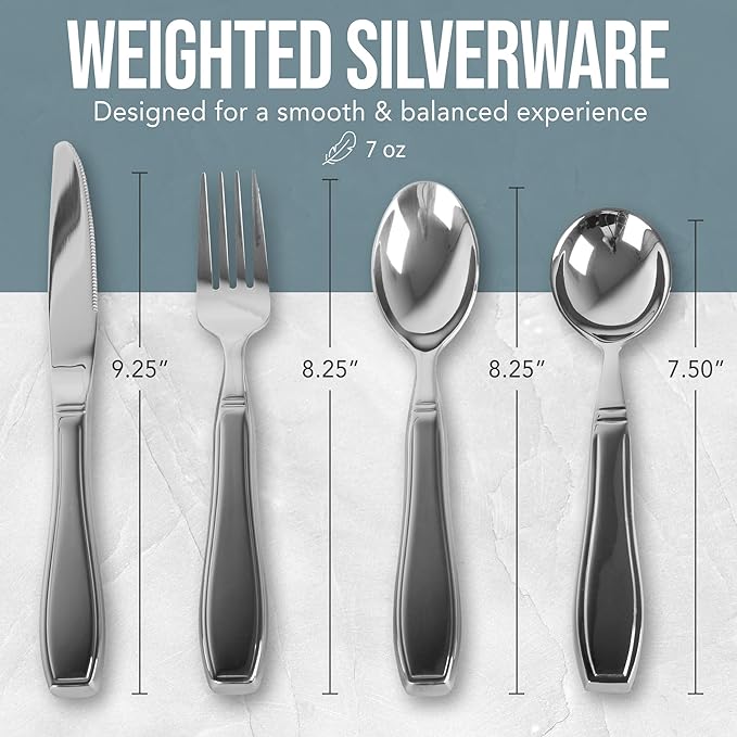 BunMo Weighted Utensils for Tremors and Parkinsons Patients - Heavy Weight Silverware Set of Knife, Fork and Spoon - Parkinsons Gifts for People with Parkinson's - Adaptive Eating Flatware (4 Pieces)