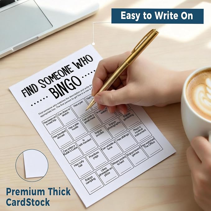 Team Building Games for Work Adults – Find Someone Who Bingo Game, 25 Unique Human Bingo Cards 5x7 Inch, Ice Breaker & Office Games for Parties, Meetings & Events - A01