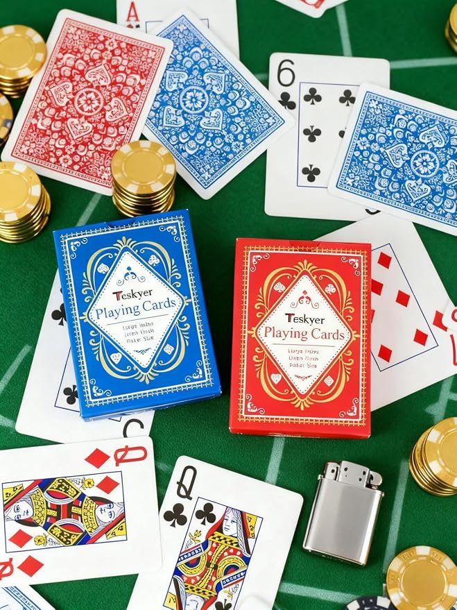 Teskyer 2 Deck Plastic Playing Cards, Large Index, Pattern B | Poker Size, Frosted Texture Back, Flexible Plastic Material, Smooth Shuffling, Seniors & Family Games