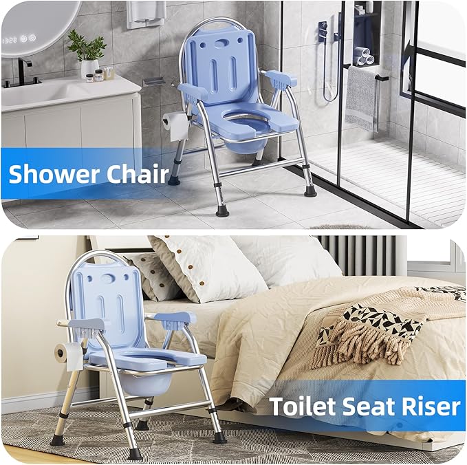 4 in 1 Folding Bedside Commode Chair for Elderly with Arms and Back,Adjustable Height Raised Toilet Seat with Handles,Adults Potty Chair for Seniors,Disabled,Holds Up to 350 lbs (ABS Plastic Seat)