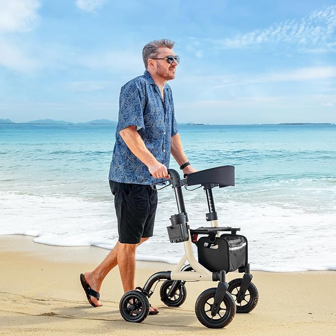 Walkers for Seniors, Rollator Walker with Seat, 10" Rubber Wheels All Terrain Rollator Walker with Backrest, Aluminum Walkers Built-in Cable, Foldable and Adjustable Height for Seniors, Beige
