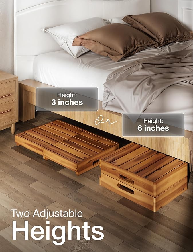 Holana 25 Inch Acacia Foldable Wooden Step Stool for Adults & Elderly & Handicap- Adjustable 3" to 6" - Heavy Duty 400lbs - Mobility Step Stool for High Beds & Outdoor Use - Wood Stepping Stool