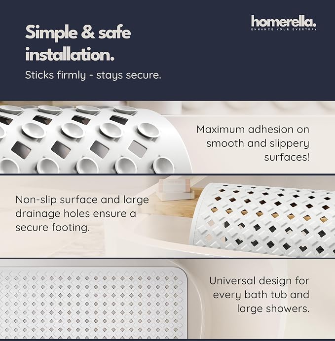 Bathtub Mat Non Slip 28x16 - homerella® Bath Mat Incl. Hooks for Drying, 100% BPA Free, Shower Mat Non Slip Anti Mold, Machine Washable, Shower Mats for Inside Shower Mildew Resistant (White)