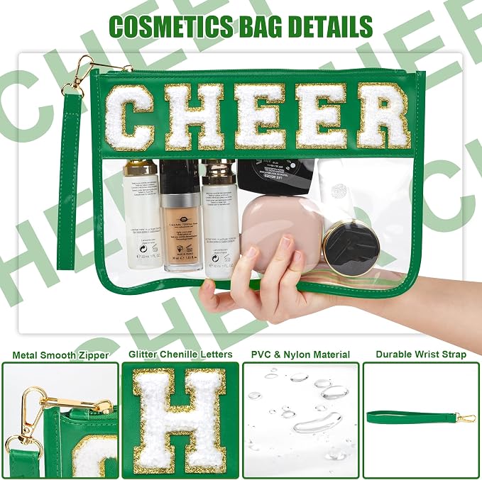 BuyCard Cheer Chenille Letter Bags Clear Makeup Bag, Cheerleader Gifts Cosmetic Bag, Varsity Preppy Patch Flat Pouch Cheer Accessories, Waterproof PVC Organizer Toiletry Bag for Women Girls Green
