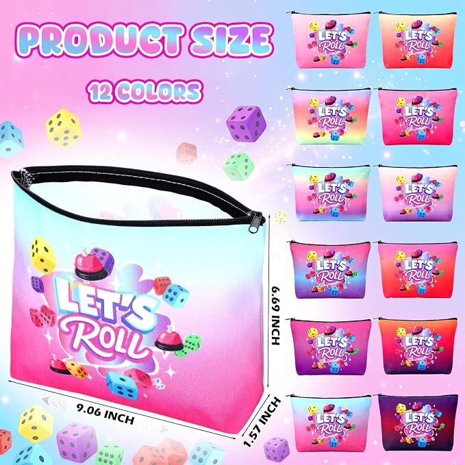 12 Pcs Bunco Gifts for Women Bunco Makeup Bags Let's Roll Dice Game Makeup Bags Casino Lover Gifts Travel Zipper Pouch Dice Game Present Birthday Present for Women Players