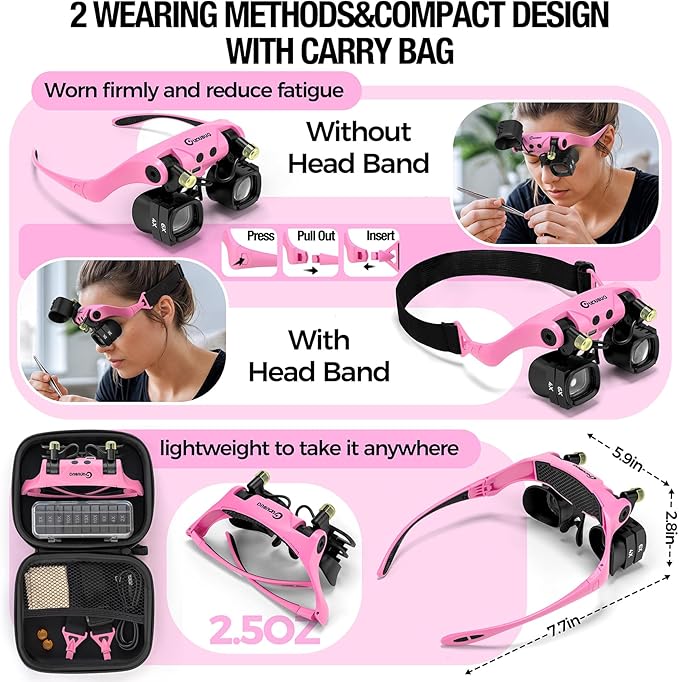Rechargeable Magnifying Glass with Light 2X-23X,5 Pairs Lens Combos | Single Eye Observation,w/Storage Case, Switchable Headband Magnifier,Lightweight Handsfree for Close Work Watch Repair Crafts