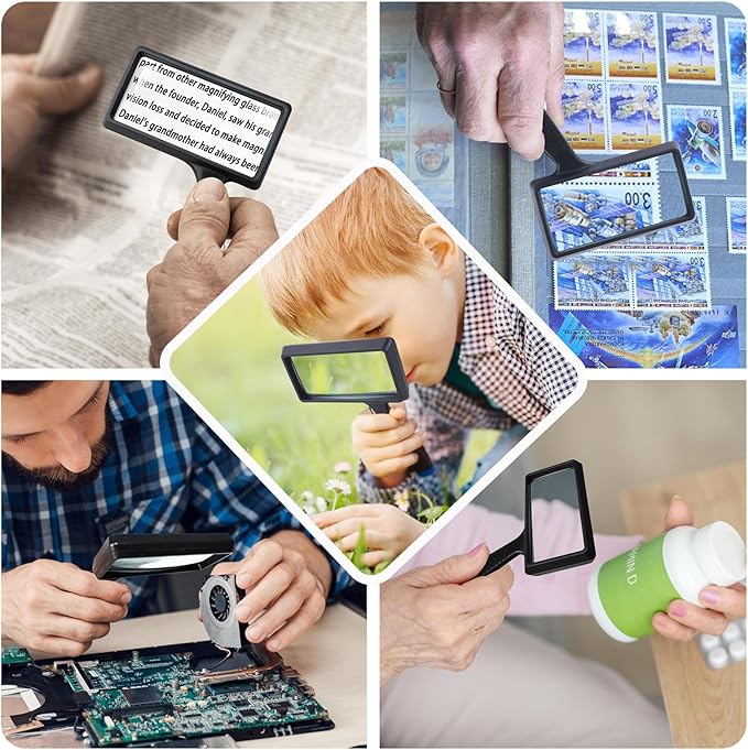5X Rectangle Reading Magnifier, Large Handheld Magnifying Glass Scratch Resistant Glass Lens Seniors Reading, Hobbies, Repair, Observation(Black)