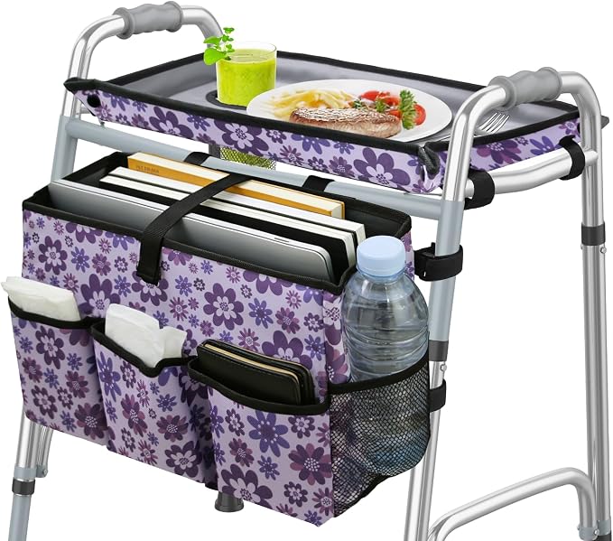 Walker Basket with Tray, Walker Tray for Folding Walker, Walker Accessories for Seniors, Non-Slip Surface, Universal Fit for Standard Walkers, Ideal for Meals, Drinks & Reading (Purple)
