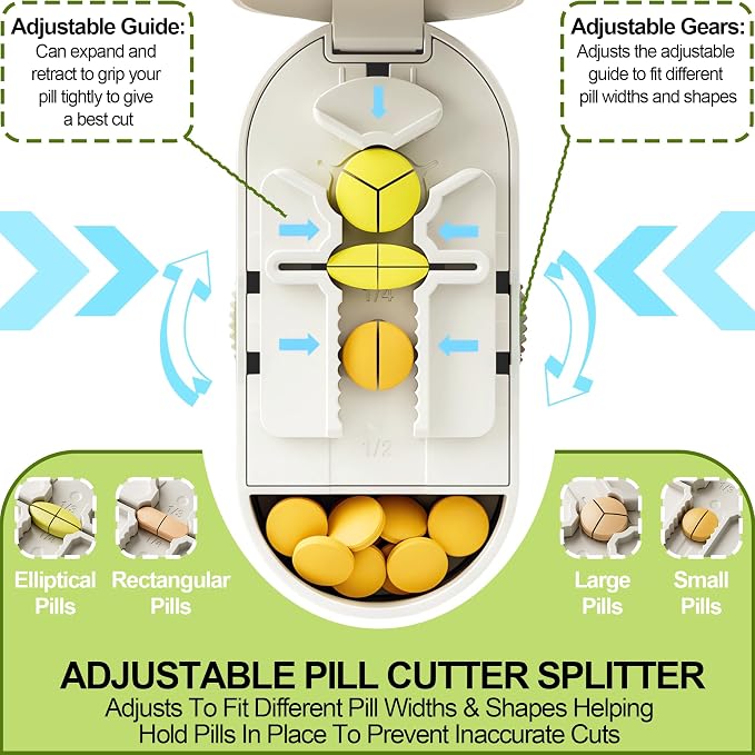Pill Cutter Splitter for Small and Tiny Pills, Vertical Push Down Cut Pill Cutter 1/4 1/3 1/2, Accurate Pill Cutter for Small or Large Pills with Storage Cleaning Brush Pill Crushers for Elderly Pets