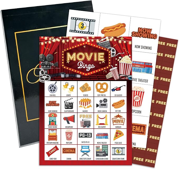 Movie Bingo Game Cards, Cinema Bingo Set for Adults Large Group, Retro Themed Fun Games, Movie Night Party Activities, Icebreaker Games for Family Friends -21