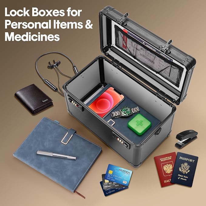 LOCKCURX Lockable Storage Box - Medicine Box Organizer with Combination Code, Lock Boxes for Personal Items, Childproof Phone Lockbox for Home/Office/School Storage Lockers, 15.1x9.4x8.7 Inch, Black