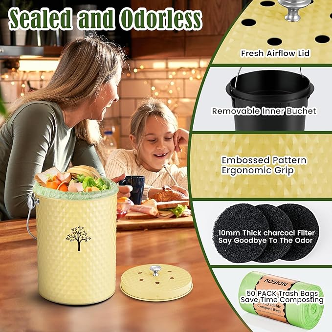 Countertop Kitchen Odorless Compost Bin with Removable Inner Bucket | 1 Gallon Composter Container,Includes 50 Compost Bags,2 Carbon Filters,Compost Bucket, ideal for food scraps,coffee grounds