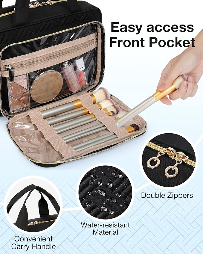 BAGSMART Toiletry Bag Hanging Travel Makeup Organizer with TSA Approved Transparent Cosmetic Bag Makeup Bag for Full Sized Toiletries, Medium-Black