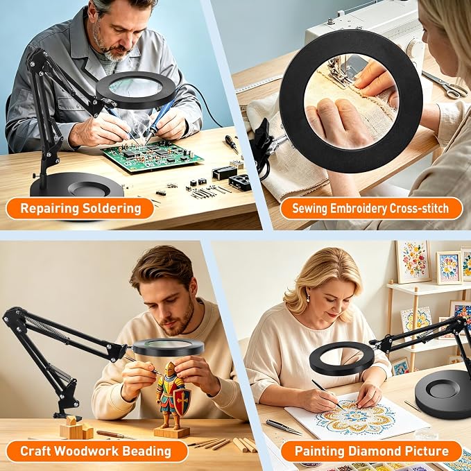 KIRKAS 10X Magnifying Glass with Light and Stand, 2 in 1 Stepless Dimmable | LED Desk Lamp with Clamp, 3 Color Modes Lighted Magnifier Swivel Arm Light for Reading, Craft, Close Works - Black