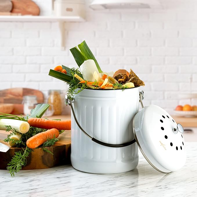 Premium Compost Bin for Kitchen Countertop - Stainless Steel Food Waste Bucket with Innovative Dual Filter Technology - Includes Spare Filters (White, 1.3 Gallon)