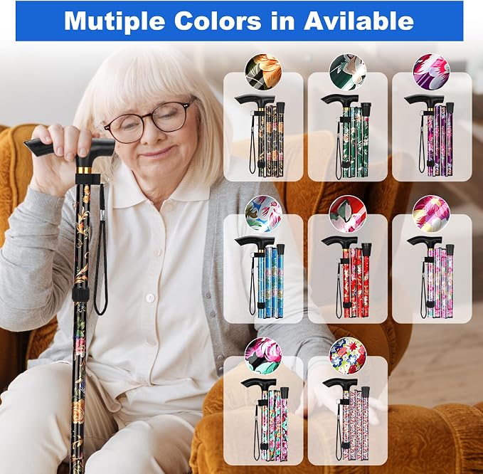 MFE Folding Cane, Portable 5-Level Adjustable Height Walking Stick with Foldable Design, Wrist Strap, and T Handle for Men and Women