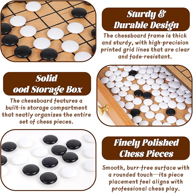 12-Inch Traditional Wooden Go Game Set with Pull-Out Storage Drawers – Classic Weiqi Board Game with Black and White Stones – Premium Wood Go Board for Beginners, Adults, and Professional Players