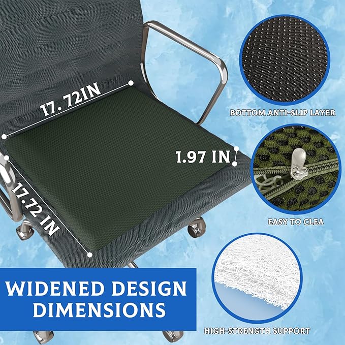 Enhanced Comfort for Long Sitters, Drivers & Wheelchair Users Breathable Extra-Wide Seat Cushion with Easy-Clean Material (Dark Green, 17.72" x 17.72" x 1.97")