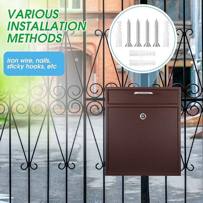 Yaocom Locking Mailbox with Key for Outdoor 12 x 10.5 x 4.7 Inches Large Wall Mount Mail Box with Lock Security Mail Drop Metal Collection Boxes Hanging Secure Postbox(Brown)