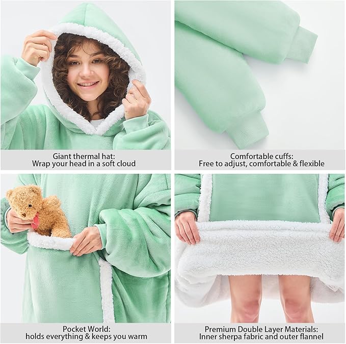 JOYWOO Green Wearable Blanket Hoodie,Oversized Cat Lovers Sweatshirt Blanket for Adult & Teens, Birthday Gifts for Women Men Mom Girl Boys,Cozy Sherpa Fuzzy Blanket Giant Pocket Gifts,Sage green Small
