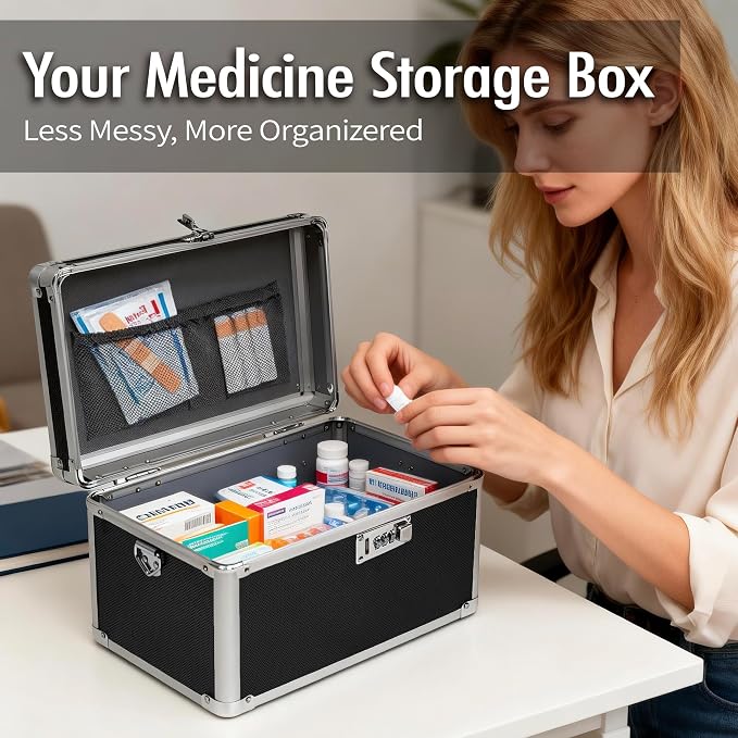 Black Medication Combination Lock Boxes with Code for Personal Items, Medicine Lockbox for Documents 12.8 x 7.6 x 8.27 Inches Colorful Medium
