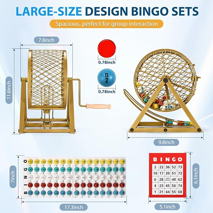GADFISH Bingo Game Set, Bingo Sets Adults for Large Group Kids Seniors, 0.78" Bingo Balls with Steel Cage, 30 Cards, Board and Chips for Adults Parties, Game Night, Community