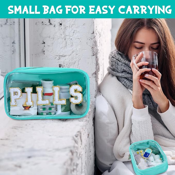 Hillban 2 Pcs Medicine Bag Chenille Letter Patch Meds Bags Travel Cases Preppy Clear Nylon Portable Makeup Bags Zipper Cosmetic Toiletry Storage for Women PVC Transparent Mini First Aid Bag(Fresh)