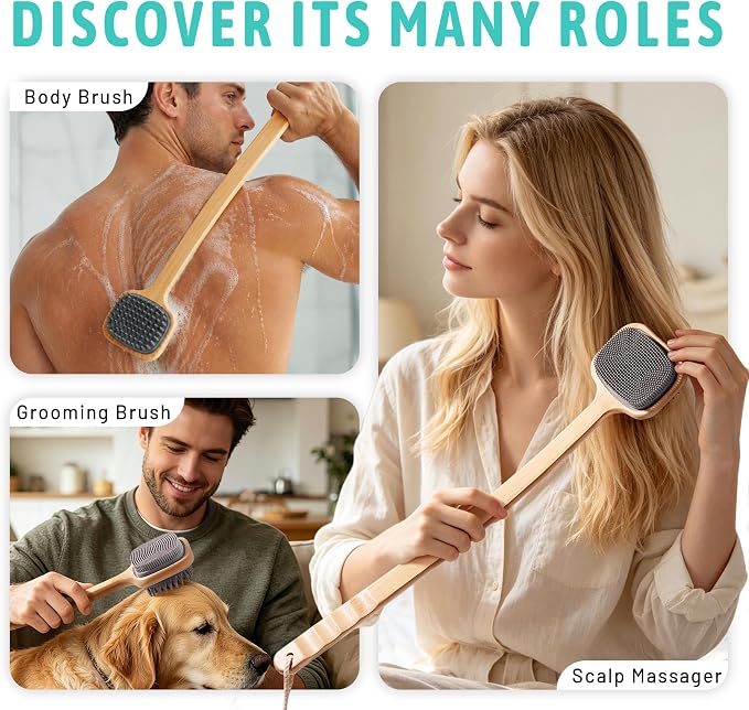 NURENDER Extra Long Bamboo Back Scratcher 22'', Soft Body Brush | Long Handle Dual Sided Silicone Bristles Backscratchers, Bamboo Wood Body Brush for Dry & Wet Use