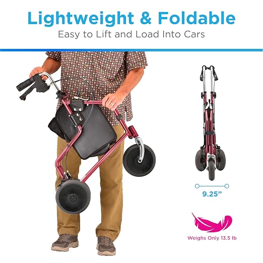 NOVA Traveler Folding 3-Wheel Walker with Tray, Basket, Pouch & Cup Holder, Lightweight Mobility Aid for Seniors & Adults, 8” All-Terrain Wheels for Tight Spaces & Travel, Red