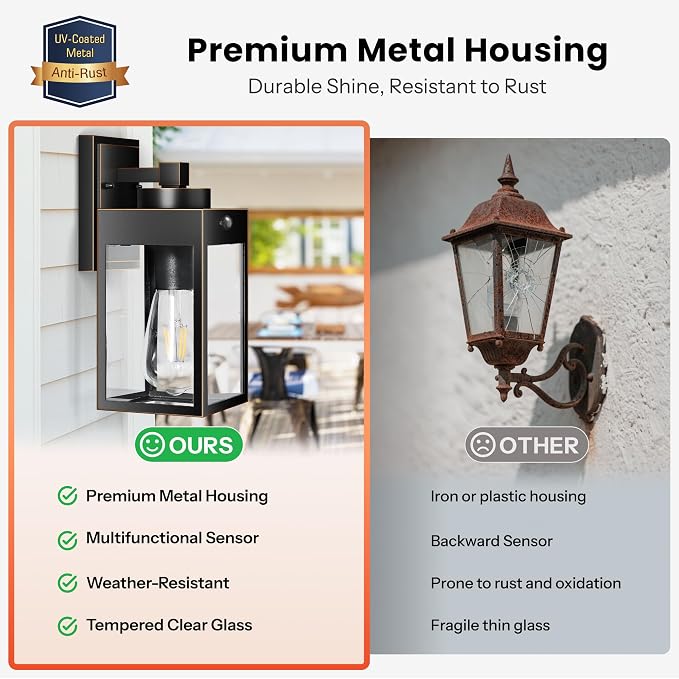 Gleamz Motion Sensor Outdoor Wall Light Fixtures, Anti-Rust, Waterproof | Dusk to Dawn Modern Black Gold Trim Exterior Light Fixtures Wall Mount for House, Garage, Coach, Entryway, Waterproof, 2-Pack