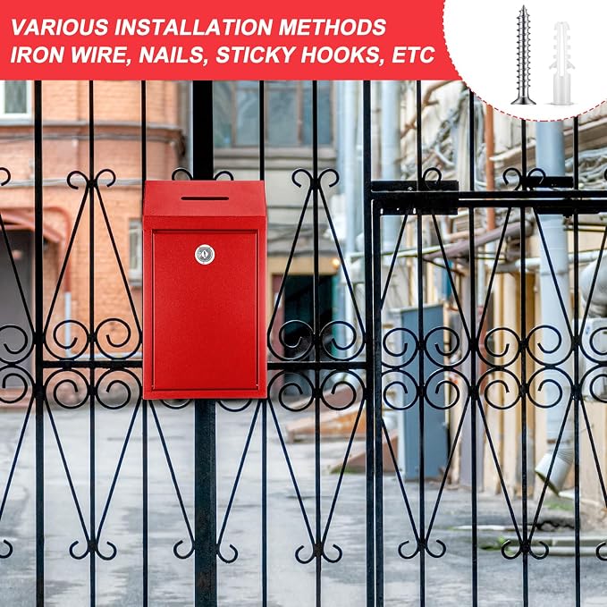 Yaocom Metal Money Box,Red,10.24 x 5.71 x 2.95 Inch,No Lid | Wall Mounted Drop Donation Cash Box for Farm Stand Collection Safe Suggestion Box with Lock Container for Home Office Outdoor
