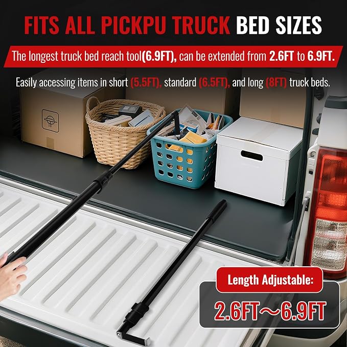 6.9 Ft Magnetically Mounted Truck Cargo Grabber Reach Tool, Lastest Telescoping Truck Bed Retriever Tool Magnetic, Multi-Use Pickup Truck Bed Accessories Truck Bed Reach Pole(2 Hooks 1 Mounted Plate)